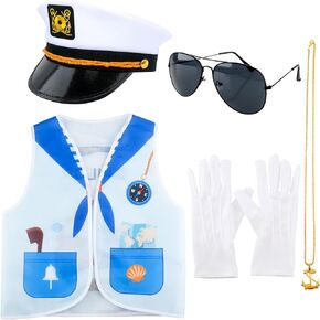 7 Pcs Kids Navy Captain Sailor Yacht Costume Set Sailor Captain Vest and Hat with Marine Accessories Captain Sailor Navy Dress Up Outfits for Boys Child Halloween Birthday Cosplay