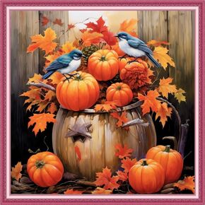 Joyhoor Cross Stitch Kits for Beginners Stamped Cross-Stitch Supplies Needlework preprint Embroidery Kit for Adults DIY Needlepoint Kits Embroidery Patterns 11CT-Pumpkin Bird 18.x18 inch