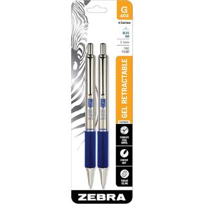 Zebra Pen G-402 Retractable Gel Pen, Stainless Steel Barrel, Fine Point, 0.5mm, Blue Ink, 2-Pack