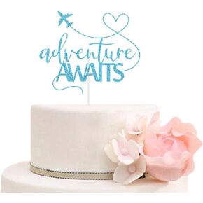 Adventure Awaits Cake Topper 2024 Graduation/Going Away/Retirement/Bon Voyage/Baby Shower/Moving Party/Travel Theme Party Decorations Supplies Blue Glitter
