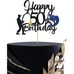 Fishing 60th Birthday Cake Topper, Fisherman Happy 60th Birthday Cake Topper for Men, Fishing Enthusiast 60th Party Decoration, Men's 60th Birthday Party Supplies - Black Glitter