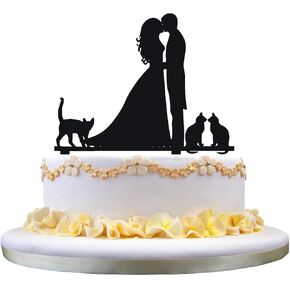Wedding cake topper-kissing couple,3 cute pet cats