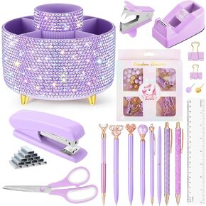 Purple Bling Desk Accessories لوازم المكاتب للنساء 360 حامل القلم Rhinestone مع منظمي Diamond Pens Glitter وملحقات المكاتب المعبأة مجموعة Teen Girls Gift