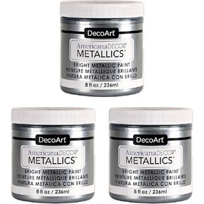 DecoArt Americana Décor Metallics 24K Sterling Silver Paint, 3 Pack 8oz Metallic 24K Silver Acrylic Paint - Water Based Multi Surface Paint for Arts and Crafts, Home Decor, Wall Decor