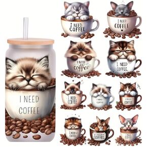 5pcs Cat and Coffee UV DTF Cup Wraps Transfer Waterproof Sticker for Glass Cups Furniture Craft DIY Crafts，Rub on Transfer Stickers for DIY Water Bottle Laptop Decal Wood Car