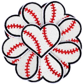 9pcs Softball Heart Patches, Sports Iron On Sew On Patches Stylish Baseball Heart Patches Strong Glue Embroidered Applique Patches for Sports Jerseys Hats Pants Repair Decorating