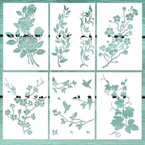 6 PCS Vine Leaf Rose Stencil Cherry Blossom Stencil Bird Tree Branch Stencils Reusable Floral Flower Stencils for Painting on Wood Furniture Canvas Crafts Wall Decorations (A4)