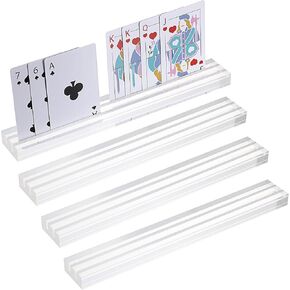 OwnMy Set of 4 Clear Acrylic Playing Card Holders Playing Card Racks with Dual Grooves, Acrylic Card Holder Stands with 2 Card Slots - Card Game Organizer Accessories for Seniors