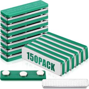 150 Pieces Magnetic Name Badge Holders Name Tag Magnets with Fastener Adhesive Backing and 3 Neodymium Magnets Strong Steel Back Plate for Office School Hotel Trade Event, Green