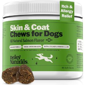 Deley Naturals Dog Allergy Chews - Omega 3 Fish Oil for Dogs with DHA & EPA, Biotin, Collagen, Vitamins C, E, & Zinc, Supports Shiny Coat - Dog Itching Relief Salmon Flavor - Dry Skin Relief for Dogs