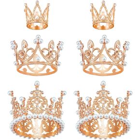 6 Pcs Crown Cake Topper Artificial Pearl Rhinestone Small Tiara Cake Topper Crowns for Decoration Birthday Wedding Baby Shower Party(Silver, Gold)