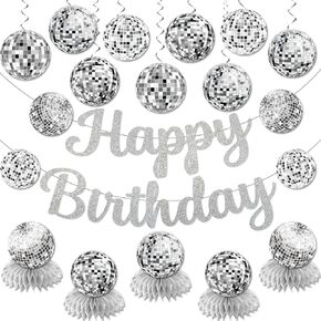 Disco Birthday Party Decorations - Silver Disco Ball Banner, Honeycomb Centerpieces, 70s-80s-90s Themed Party Pack
