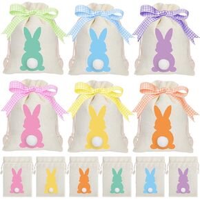 Whaline 24Pcs Easter Burlap Bag Cute Bunny Drawstring Gift Bag with Fluffy Tail Colorful Rabbit Linen Pouches Sacks with Ribbon Party Favor Bag for Birthday Treats Goodie, 5 x 7 Inch