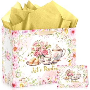Innovoscape Tea Party Gift Bag for Girls Kids Let's Partea Birthday Gift Bag with Wrapping Paper and Card Pink Floral Large Gifts Bag for Par Tea Party Baby Shower Birthday Party Favors Supplies
