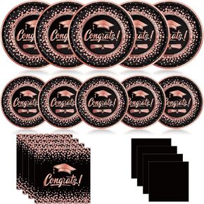 200 Pcs 2025 Graduation Party Supplies Paper Plates and Napkins Set with Black Pink Rose Gold Graduation Disposable Dinnerware Set for Congrats Grad Party Decorations, Serve 50