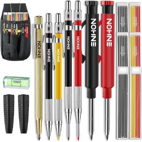 Enhon 17Pack Carpenter Pencil Set with Sharpener, Mechanical Carpenter Pencils with 60 Refill, 45 mm Deep Hole Woodworking Pencils and Carbide Scribe Woodworking Tool, Heavy Duty Mechanical Pencil