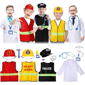 VICENPAL 4 مجموعات أطفال لباس أزياء ضابط شرطة طبيب البناء العامل الإطفاء العلماء لوكيلي لاب زي ارتداء ملحقات الملابس للبنين والبنات دور التظاهر