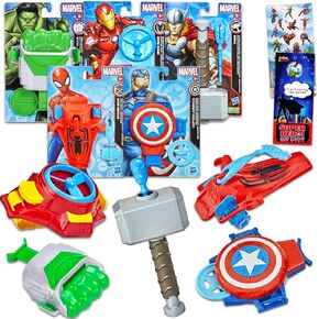 Marvel Avengers Weapons for Kids - Bundle with 5 Avengers Wrist Blast Shooters Featuring Spiderman, Iron Man, Thor and More Plus Stickers, More | Avengers Gift Set