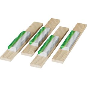 4 Pcs Wooden Name Badge Holders & Business Card Organizer, ID Badge Display Tray with Note Card Slot, Office Desk Decor for Business, Table Name Sign Holders