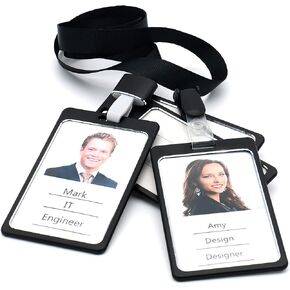 Tueascallk Aluminium Alloy Badge Holder with a Removable Clip and Lanyard, Dual Transparent Side, Black, 4 Packs