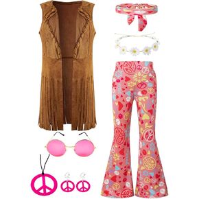 Kids Girls 60s 70s Hippie Costume Pants Set Fringe Vest Peace Flared Pants Outfits Accessories Set
