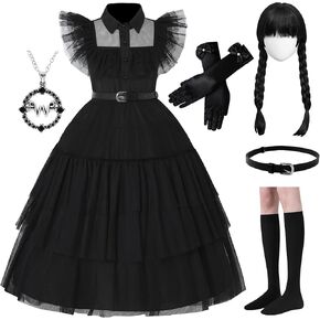لباس أزياء أسود لفتاة ، 5-12T عائلة لباس أزياء الهالوين أزياء Cosplay Party Dress+Accessories