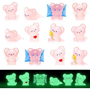 HOMICO Luminous Mini Bear Decors 12 Pieces Mini Resin Animals Figurines for Dollhouse Fairy Garden Bear Party Decorations Micro Landscape Ornaments