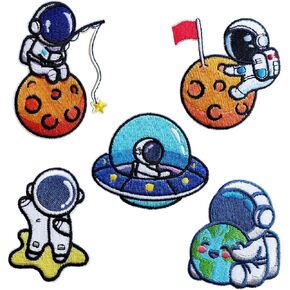 Fun Self-Adhesive Cartoon Astronaut Patch, 5PCS Funny Astronaut Play The Moon Stars Patch, Decorative Embroidered Patch Sticker for Bags Backpacks Jacket
