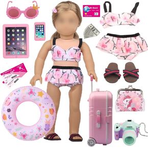 18 Inch Girl Doll Clothes and Accessories Including Swimwear Shoes Sunglasses Swimming Ring Towel etc，Swimming Poor Play Set Fit 18 inch Girl Dolls