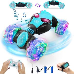Gesture Sensing RC Stunt Car with Lights Music Hand Controlled Remote Control Car 4WD 2.4GHz Off-Road 360° Double Sided Rotation Stunt Car Birthday Gift Idea for Boys Girls (Blule)