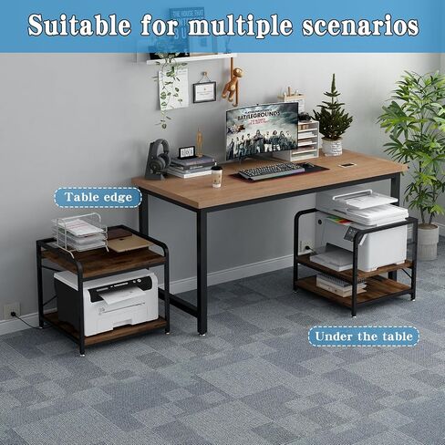 Under Desk Printer Stand with Power Outlet Large Printer Table with Adjustable Shelf,Industrial Wheels, 20 Inches Deep 2 Tier Rolling Printer Cart for Home Office, Rustic Brown in Kuwait