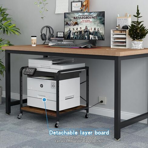 Under Desk Printer Stand with Power Outlet Large Printer Table with Adjustable Shelf,Industrial Wheels, 20 Inches Deep 2 Tier Rolling Printer Cart for Home Office, Rustic Brown in Kuwait
