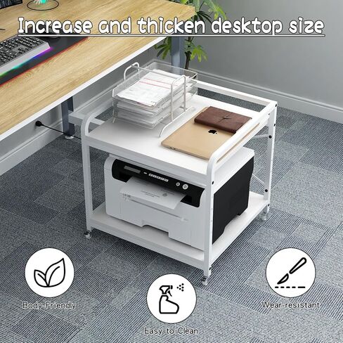 Under Desk Printer Stand with Power Outlet Large Printer Table with Adjustable Shelf,Industrial Wheels, 20 Inches Deep 2 Tier Rolling Printer Cart for Home Office, Rustic Brown in Kuwait