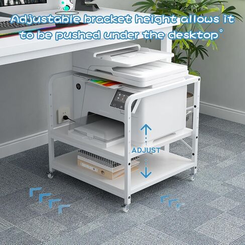 Under Desk Printer Stand with Power Outlet Large Printer Table with Adjustable Shelf,Industrial Wheels, 20 Inches Deep 2 Tier Rolling Printer Cart for Home Office, Rustic Brown in Kuwait