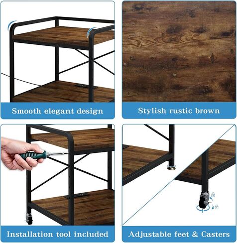 Under Desk Printer Stand with Power Outlet Large Printer Table with Adjustable Shelf,Industrial Wheels, 20 Inches Deep 2 Tier Rolling Printer Cart for Home Office, Rustic Brown in Kuwait