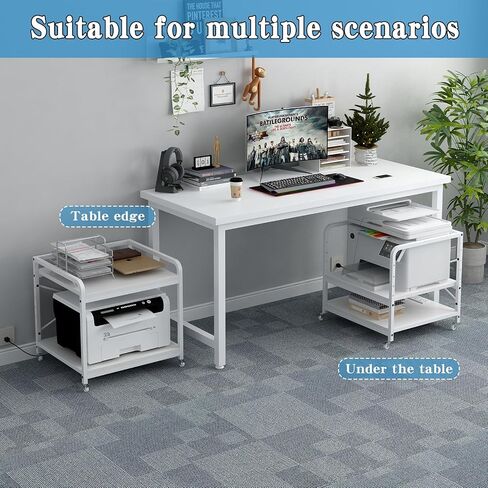 Under Desk Printer Stand with Power Outlet Large Printer Table with Adjustable Shelf,Industrial Wheels, 20 Inches Deep 2 Tier Rolling Printer Cart for Home Office, Rustic Brown in Kuwait