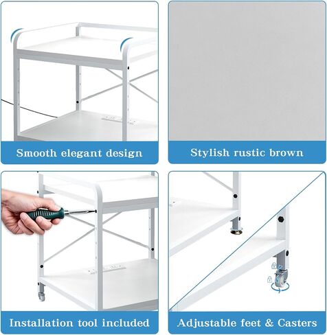 Under Desk Printer Stand with Power Outlet Large Printer Table with Adjustable Shelf,Industrial Wheels, 20 Inches Deep 2 Tier Rolling Printer Cart for Home Office, Rustic Brown in Kuwait