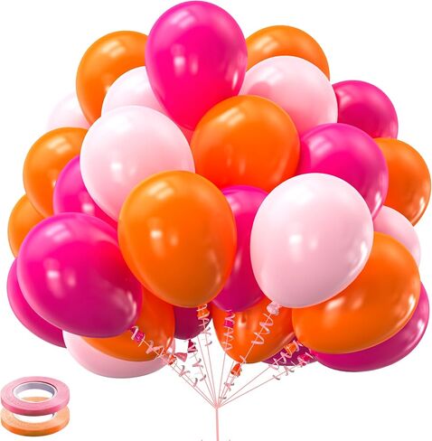 Kelfara Pink and Orange Balloons 60PCS 12 inch Orange Hot Pink Light Pink Latex Balloons with Ribbons for Birthday Baby Shower Wedding Graduation Tropical Party Decoration in Kuwait