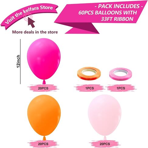 Kelfara Pink and Orange Balloons 60PCS 12 inch Orange Hot Pink Light Pink Latex Balloons with Ribbons for Birthday Baby Shower Wedding Graduation Tropical Party Decoration in Kuwait