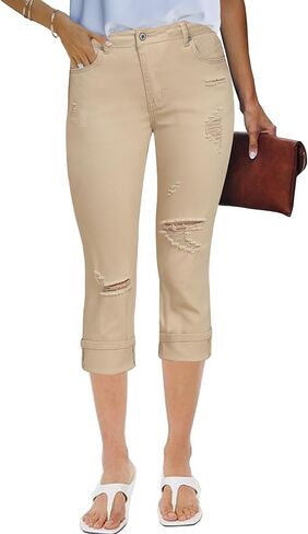 luvamia Capri Jeans for Women Stretch High Waisted Distressed Denim Capris Ripped Skinny Cropped Pants in Kuwait