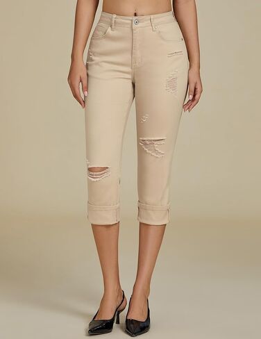luvamia Capri Jeans for Women Stretch High Waisted Distressed Denim Capris Ripped Skinny Cropped Pants in Kuwait