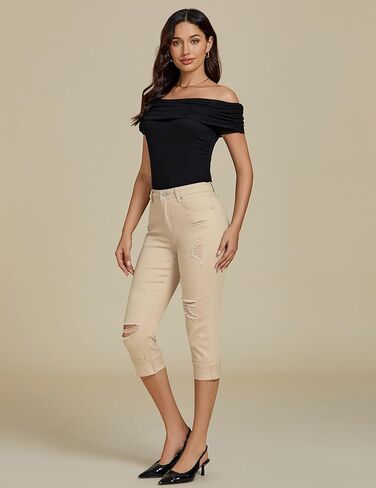 luvamia Capri Jeans for Women Stretch High Waisted Distressed Denim Capris Ripped Skinny Cropped Pants in Kuwait