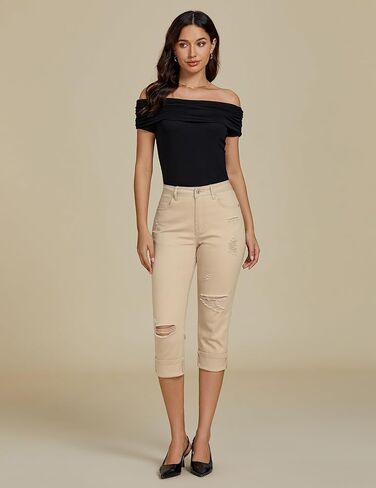 luvamia Capri Jeans for Women Stretch High Waisted Distressed Denim Capris Ripped Skinny Cropped Pants in Kuwait