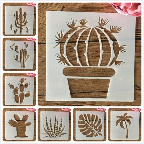 TIAMECH 8 Pieces Cactus Stencils for Painting Reusable Succulent Plants Palm Tree Layering Stencil DIY Scrapbook Coloring Decorative Templates (6 x 6 inches) in Saudi Arabia