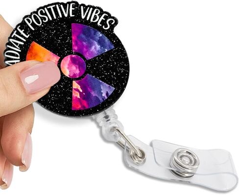 Radiate Positive Vibes Black Glitter Retractable Reel ID Card Clip, Funny Badge Reel Gifts for Radiology Orthopedics X-Ray Technology Doctor Nurse, Christmas Thanking You Gifts for Radiologist in Saudi Arabia