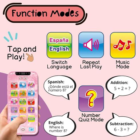 ZeenKind Baby Phone Toy English & Spanish Learning for Toddlers 1 2 3 Years Old, Learn Spanish ABC Numbers Animal Sounds, Interactive Bilingual Cellphone Toy for Kids, Juguetes Educativos, Pink in Saudi Arabia