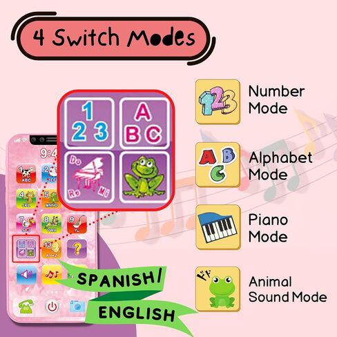 ZeenKind Baby Phone Toy English & Spanish Learning for Toddlers 1 2 3 Years Old, Learn Spanish ABC Numbers Animal Sounds, Interactive Bilingual Cellphone Toy for Kids, Juguetes Educativos, Pink in Saudi Arabia