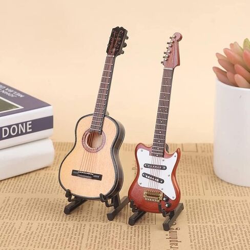 1/6 Miniature Guitar Model Dollhouse Wooden Guitar Wooden Musical Instrument with Stands Mini Guitar Ornament Children's Room Decoration Small Crafts Ornaments Home Decor (Brown) in Kuwait