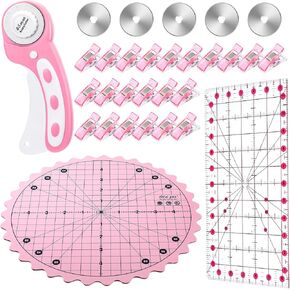 28 Pieces Rotary Cutter Set, 9.8" Rotating Cutting Mat, 45mm Fabric Cutter, 5 Replacement Blades, Quilting Ruler and Sewing Clips Ideal for Sewing, Crafting, Crochet Knitting, Patch Working