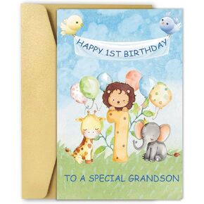 OJsensai Happy 1st Birthday Card for Grandson, Great 1 Years Old Bday Gifts from Grandma Grandpa, Best Bday Gift Ideas for 1 Years Old Grandson in Kuwait
